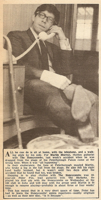 Cutting from Record Mirror 10th October 1964 showing Martin seated on the telephone nursing a broken leg and broken hand. The text explains about Peter Pye stepping in to cover him after his injury.